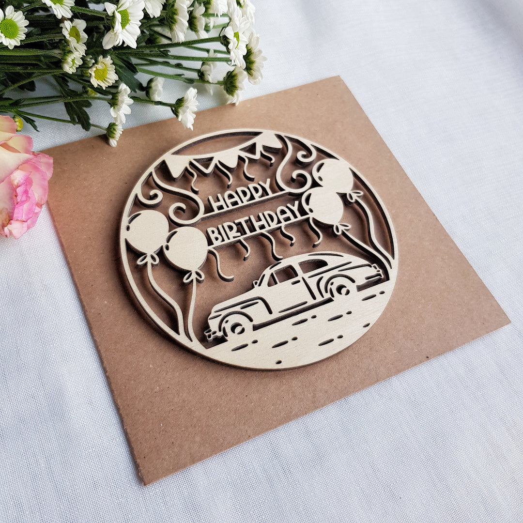 Vintage Car Wooden Card, Birthday Greetings with Balloons for Classic Cars Fan