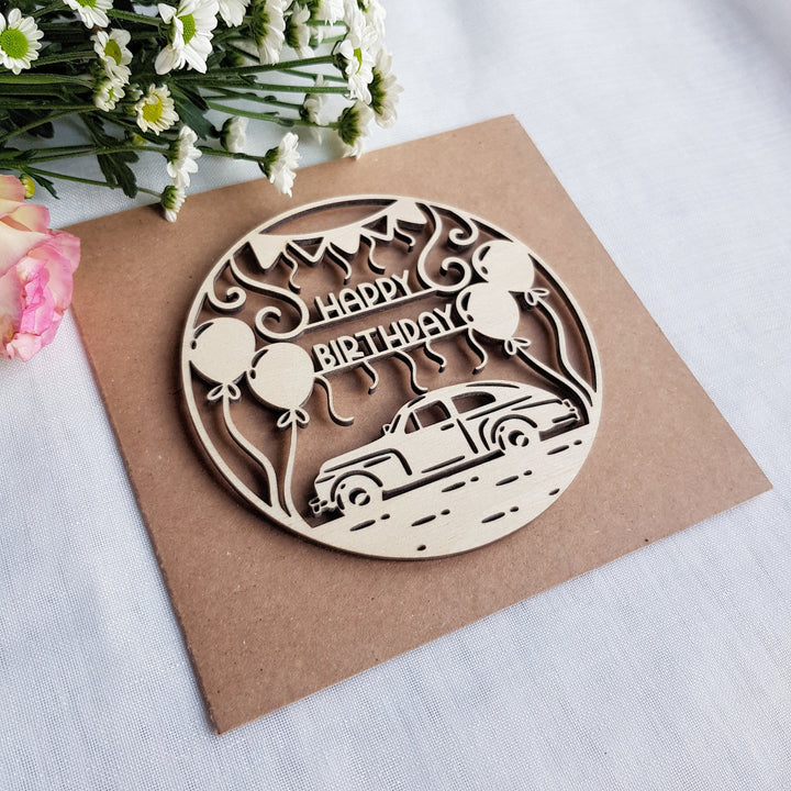 Vintage Car Wooden Card, Birthday Greetings with Balloons for Classic Cars Fan
