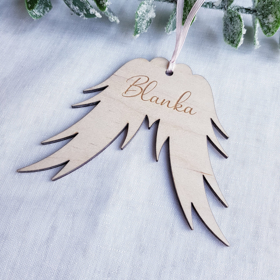 Christmas Ornament Angel Wings with Name - Christmas Tree Wooden Bauble, Personalised Memorial Keepsake