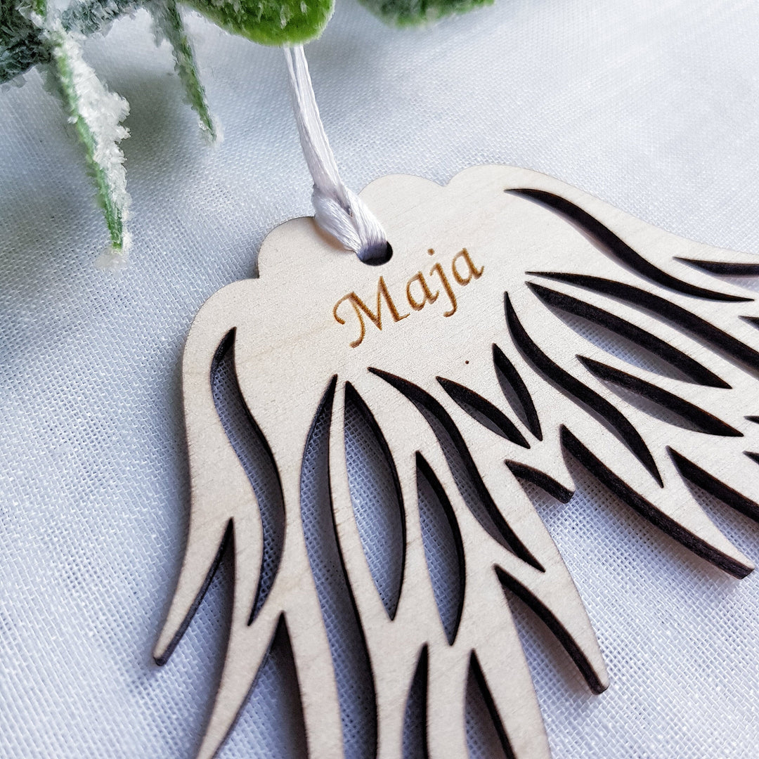 Christmas Ornament Angel Wings with Name - Christmas Tree Wooden Bauble, Personalised Memorial Keepsake