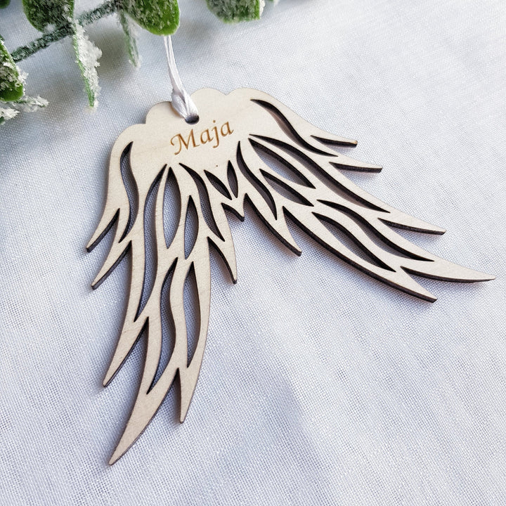 Christmas Ornament Angel Wings with Name - Christmas Tree Wooden Bauble, Personalised Memorial Keepsake