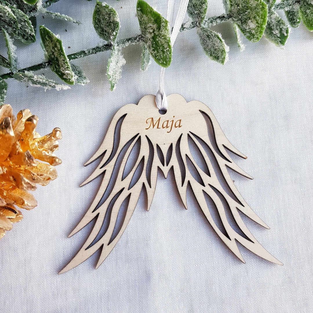 Christmas Ornament Angel Wings with Name - Christmas Tree Wooden Bauble, Personalised Memorial Keepsake