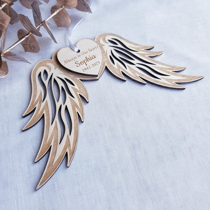 Customised Memorial Angel Wings Bauble Keepsake- Personalised Wooden Christmas Tree Decoration - Sympathy Gift for Loss and Bereavement