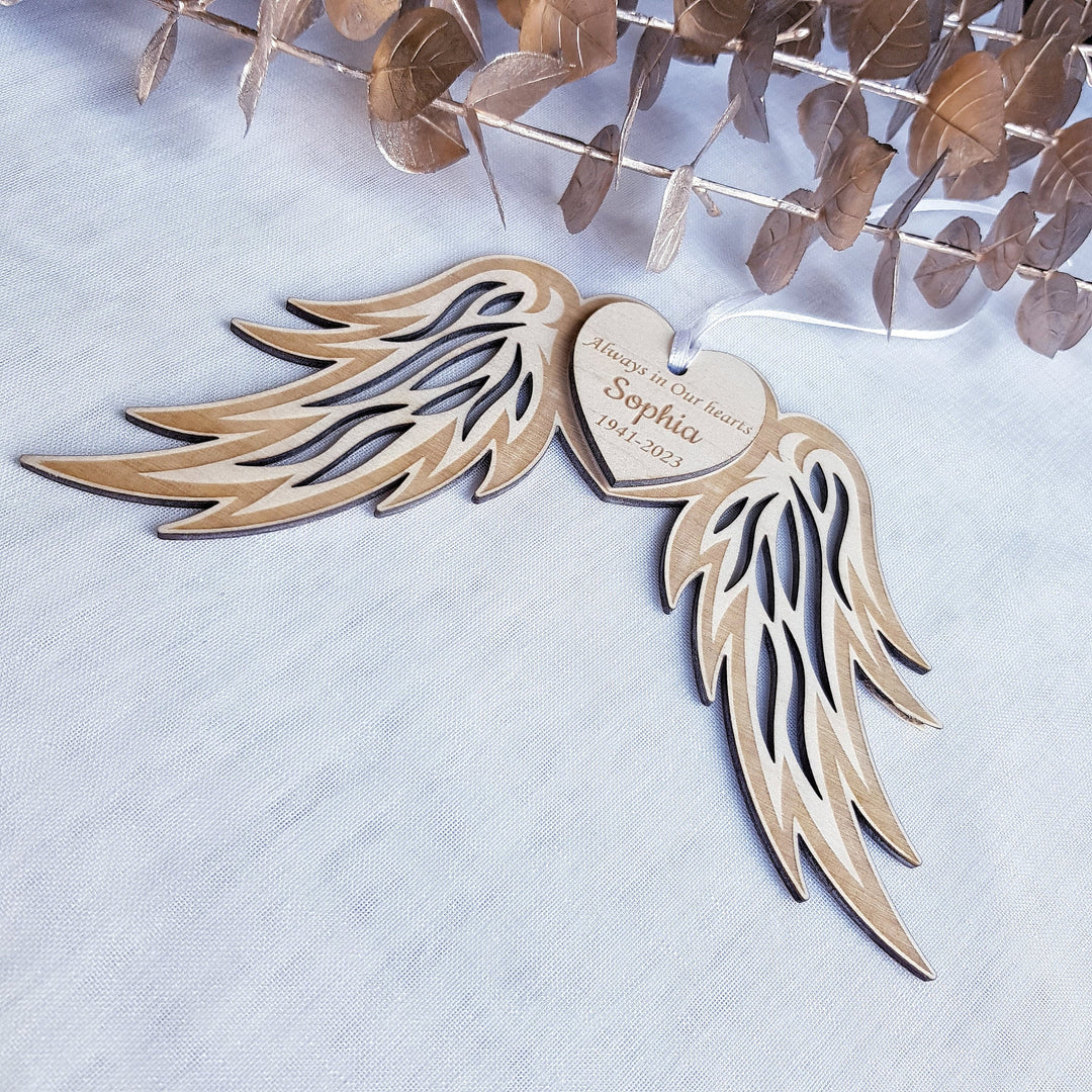 Customised Memorial Angel Wings Bauble Keepsake- Personalised Wooden Christmas Tree Decoration - Sympathy Gift for Loss and Bereavement