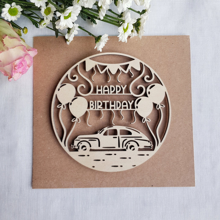 Vintage Car Wooden Card, Birthday Greetings with Balloons for Classic Cars Fan