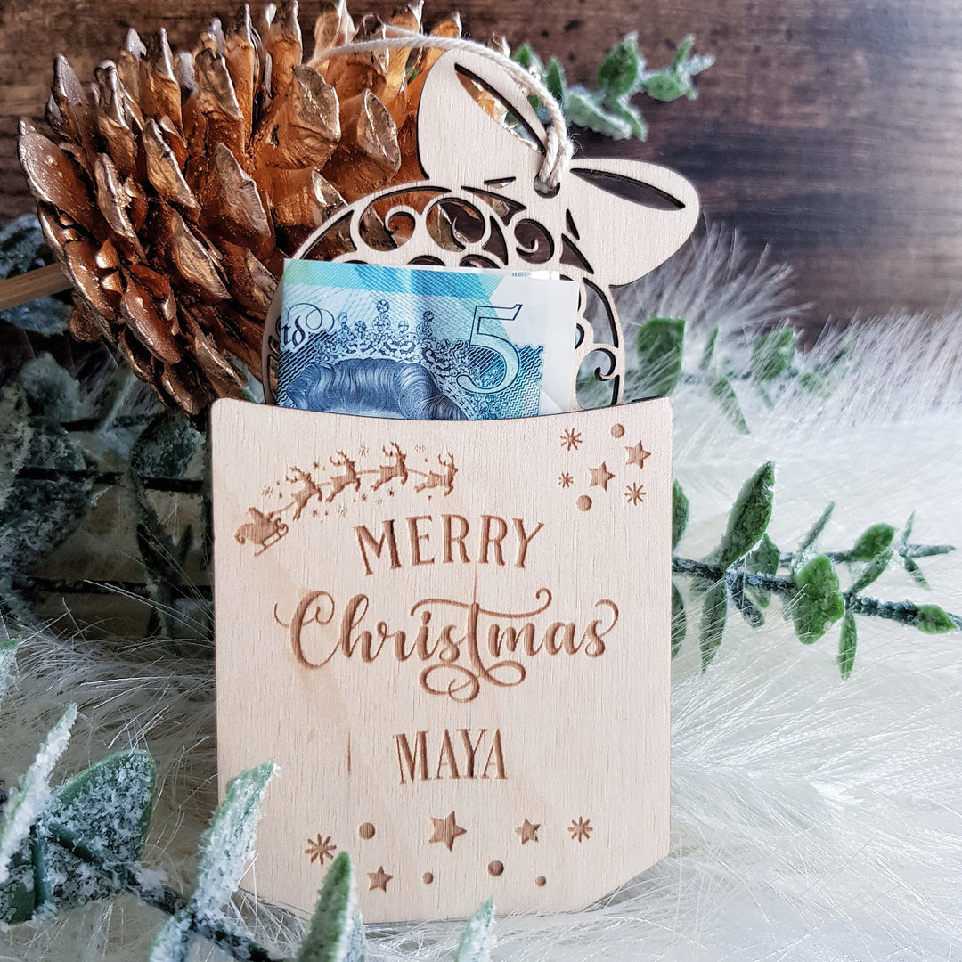 Christmas money holder gift bauble, personalised festive season gift, wooden cash holder, Merry Christmas custom present, money envelope