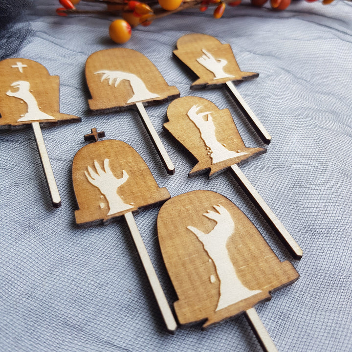 Set of 6 Wooden Halloween Cupcake Toppers, Spooky Dead Hands Party Decorations