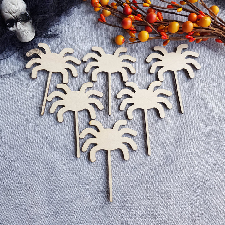 Set of 6 Wooden Halloween Cupcake Toppers Picks, Spooky Spiders Party Decorations