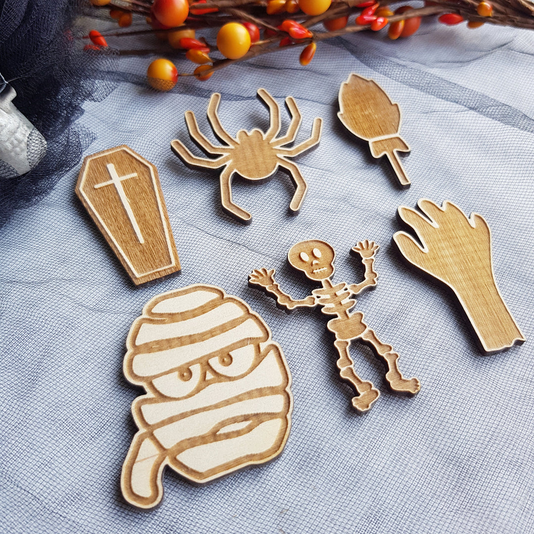 Set of 6 Wooden Halloween Cupcake Toppers, Spooky Party Decorations