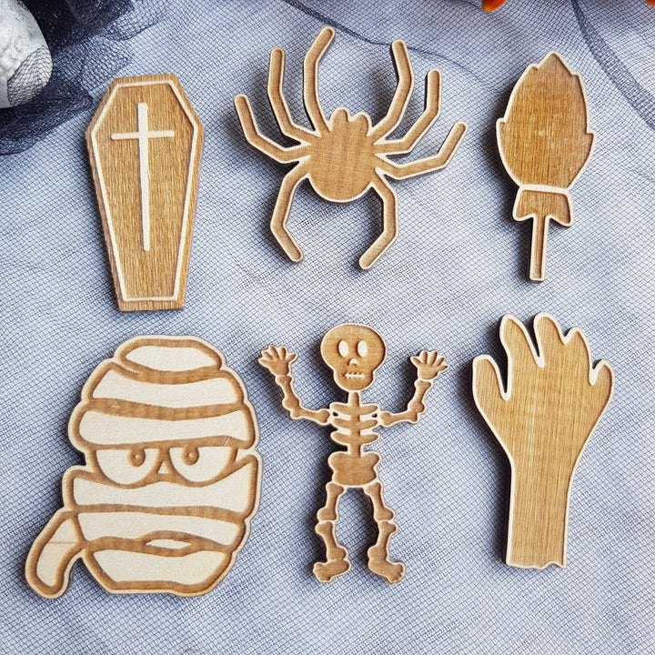 Set of 6 Wooden Halloween Cupcake Toppers, Spooky Party Decorations