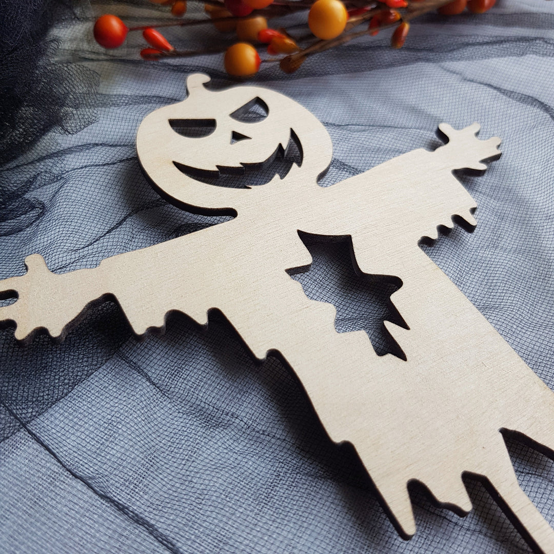 Creepy Scarecrow Wooden Cake Topper for Halloween Parties - Pumpkin Ghost Head