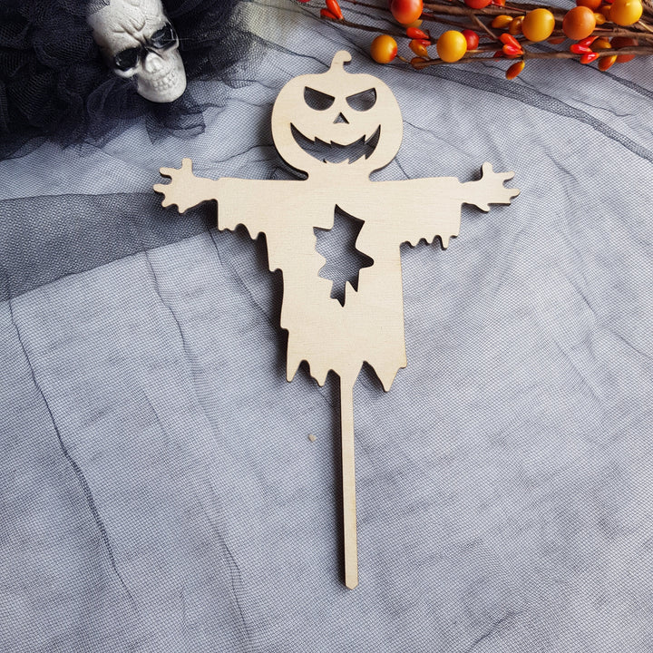 Creepy Scarecrow Wooden Cake Topper for Halloween Parties - Pumpkin Ghost Head