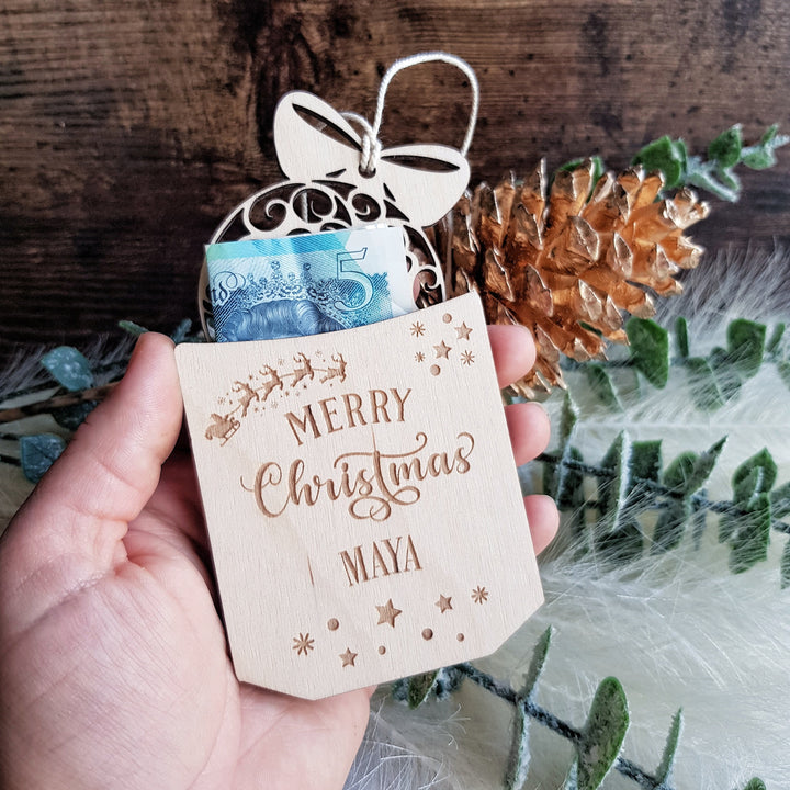 Christmas money holder gift bauble, personalised festive season gift, wooden cash holder, Merry Christmas custom present, money envelope