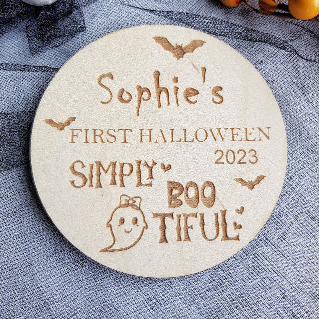 Personalised Wooden First Halloween Disc - Perfect Photo Prop for your Little One and more - Simply BOOtiful