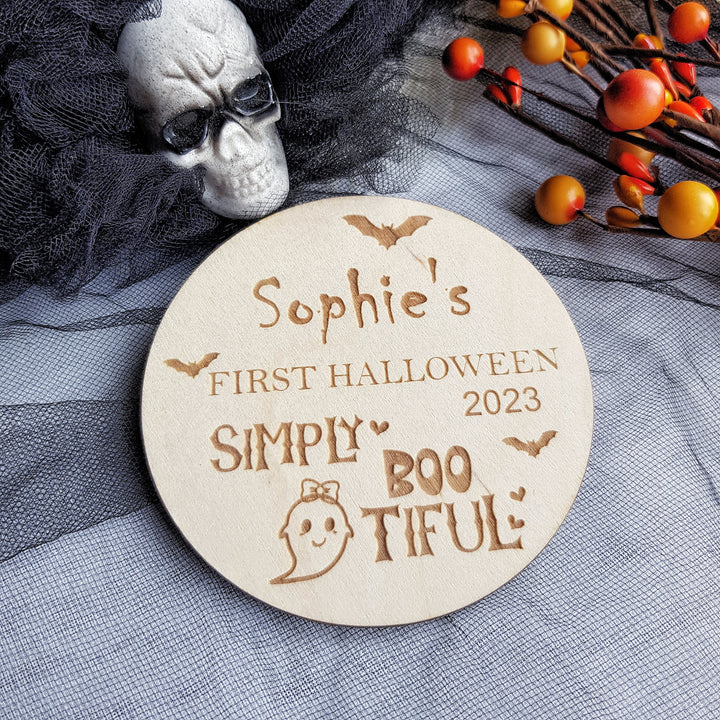 Personalised Wooden First Halloween Disc - Perfect Photo Prop for your Little One and more - Simply BOOtiful