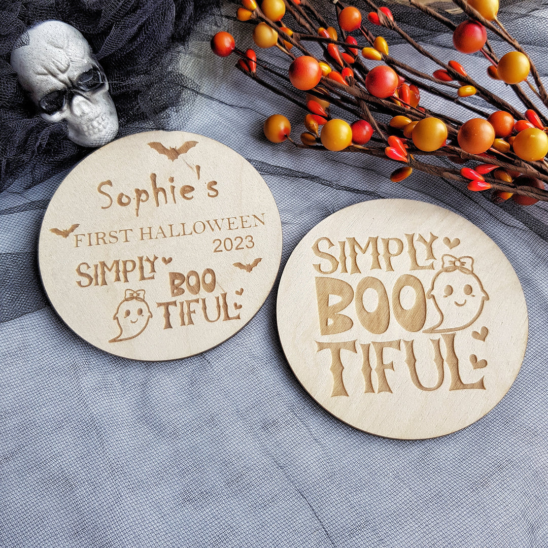 Personalised Wooden First Halloween Disc - Perfect Photo Prop for your Little One and more - Simply BOOtiful