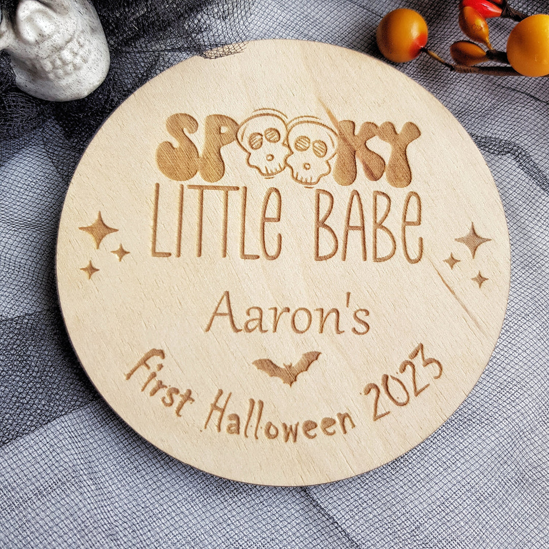 Personalised Wooden First Halloween Disc - Perfect Photo Prop for your Little One and more - Spooky Little Babe