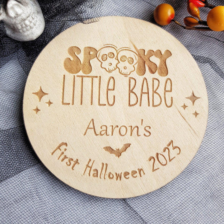 Personalised Wooden First Halloween Disc - Perfect Photo Prop for your Little One and more - Spooky Little Babe