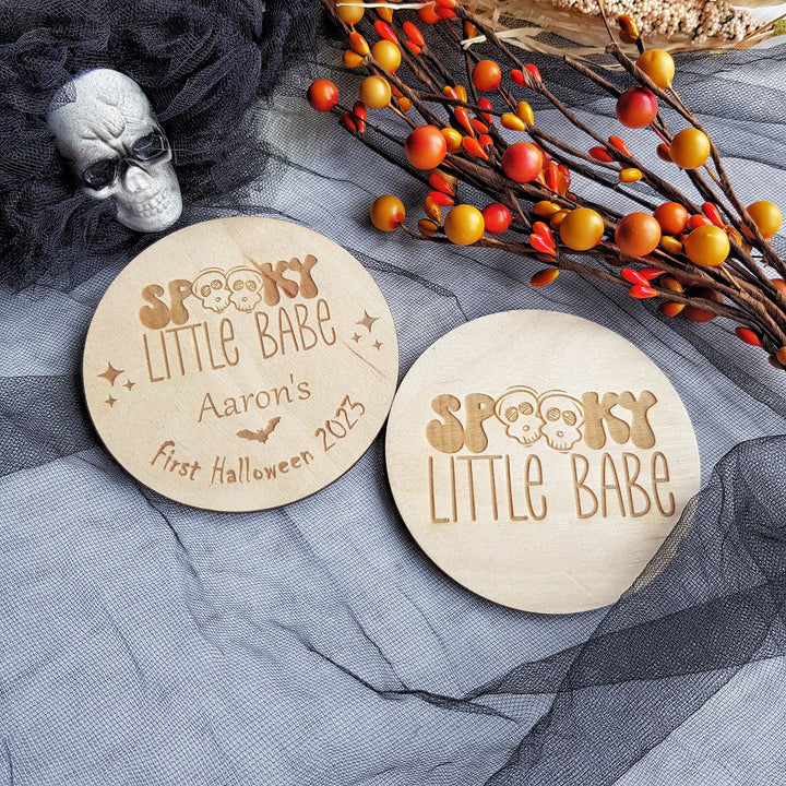 Personalised Wooden First Halloween Disc - Perfect Photo Prop for your Little One and more - Spooky Little Babe