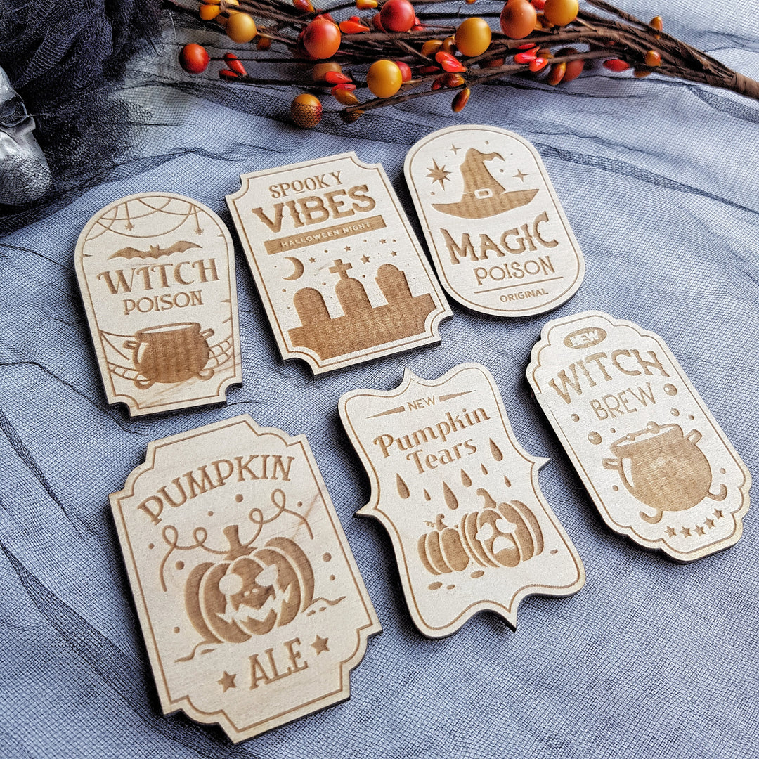 Vintage-Inspired Halloween Wooden Labels - Set of 6 Apothecary Potion Labels - Witch poison