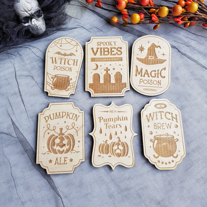 Vintage-Inspired Halloween Wooden Labels - Set of 6 Apothecary Potion Labels - Witch poison