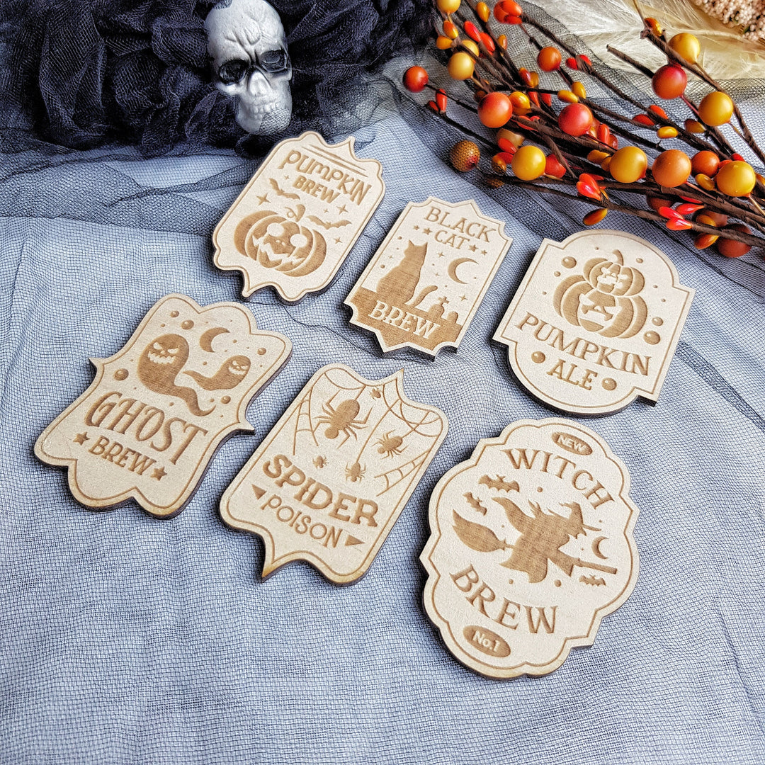 Vintage-Inspired Halloween Wooden Labels - Set of 6 Apothecary Potion Labels - Pumpkin Brew