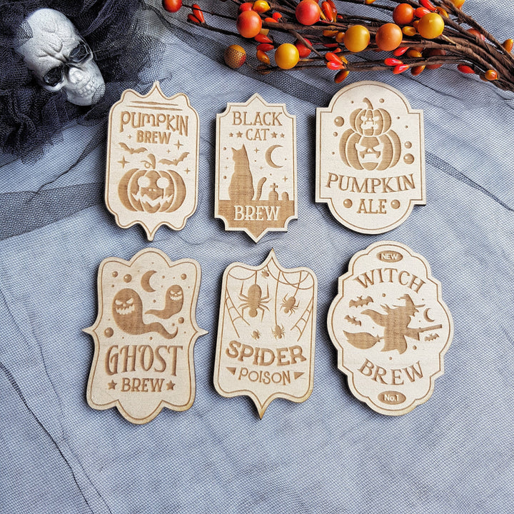 Vintage-Inspired Halloween Wooden Labels - Set of 6 Apothecary Potion Labels - Pumpkin Brew