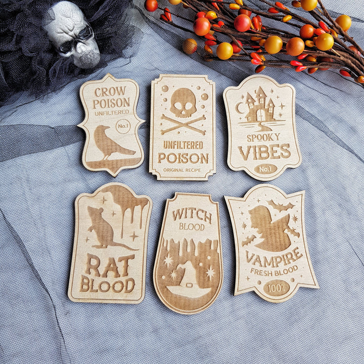 Vintage-Inspired Halloween Wooden Labels - Set of 6 Apothecary Potion Labels - Crow Poison