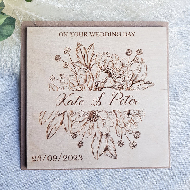 Rustic Floral Wedding Card Keepsake - Personalised Wooden Gift for Mr & Mrs - Happy Couple -Newlyweds