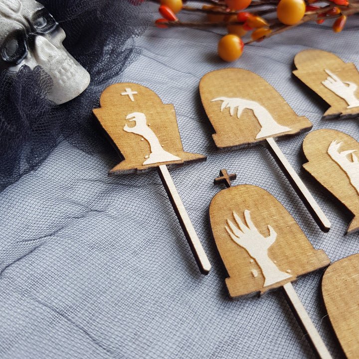 Set of 6 Wooden Halloween Cupcake Toppers, Spooky Dead Hands Party Decorations