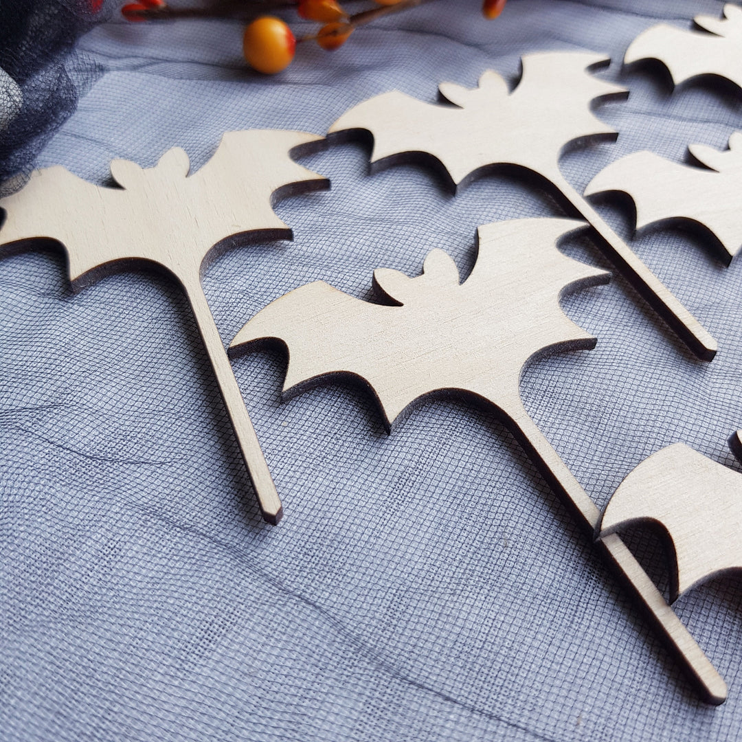 Set of 6 Wooden Halloween Cupcake Toppers Picks, Spooky Bats Party Decorations