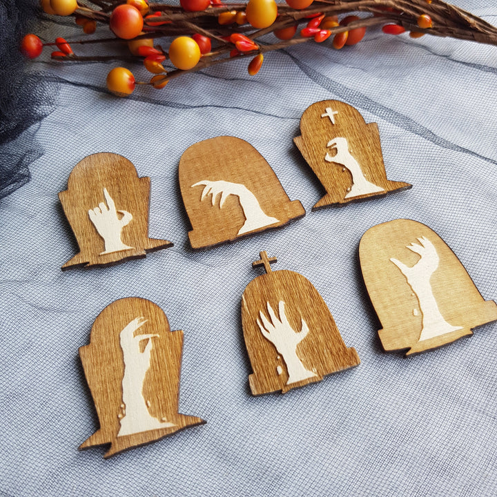 Set of 6 Wooden Halloween Cupcake Toppers Picks, Spooky Dead Hands Party Decorations