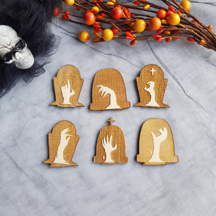 Set of 6 Wooden Halloween Cupcake Toppers Picks, Spooky Dead Hands Party Decorations