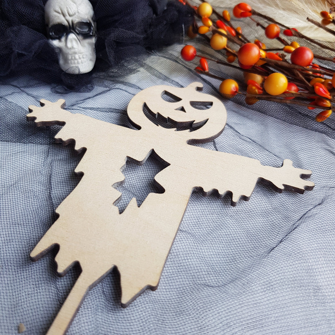 Creepy Scarecrow Wooden Cake Topper for Halloween Parties - Pumpkin Ghost Head