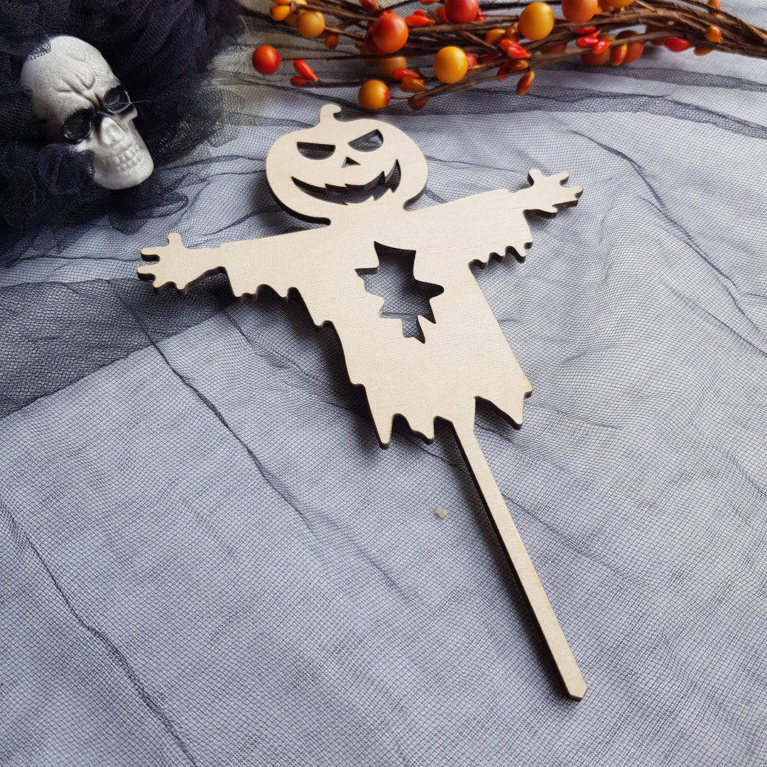 Creepy Scarecrow Wooden Cake Topper for Halloween Parties - Pumpkin Ghost Head