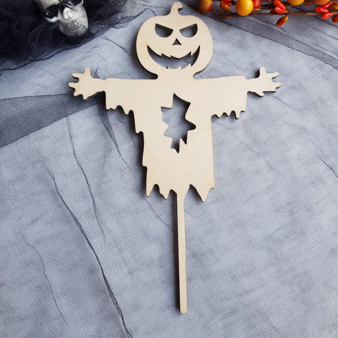 Creepy Scarecrow Wooden Cake Topper for Halloween Parties - Pumpkin Ghost Head