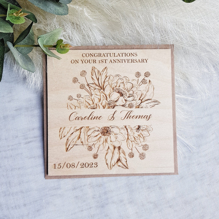 Anniversary Wooden Card - Personalised Rustic Floral Keepsake, Happy Couple, 1st 5th 20th Paper Wood Ruby Golden Oak Wedding Anniversary