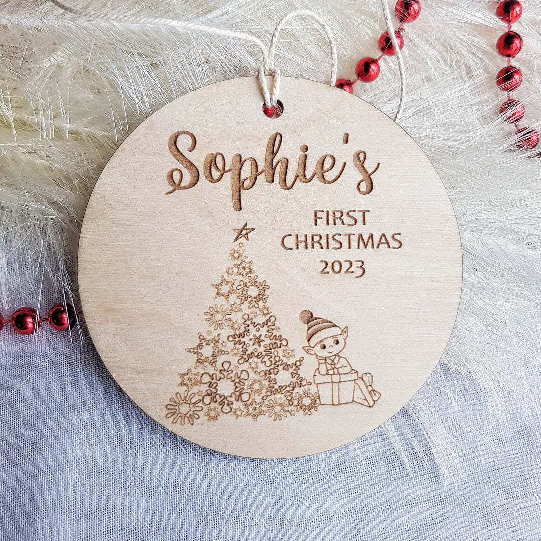 Personalised Baby's First Christmas Tree Bauble - Round Wooden Ornament with Gnome Design, Rustic Decoration, Custom Keepsake