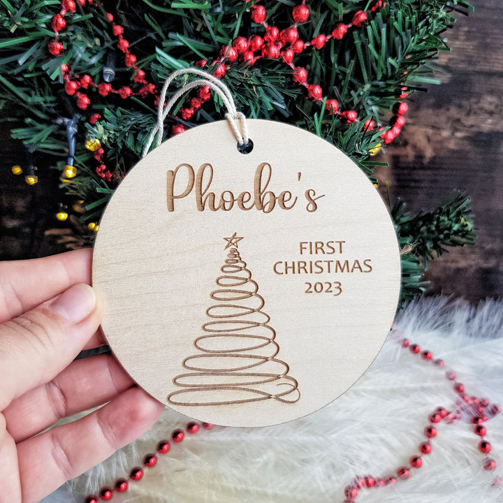 Personalised Baby's First Christmas Tree Bauble, Round Wooden Ornament with modern Christmas Tree design, Rustic Decoration, Custom Keepsake