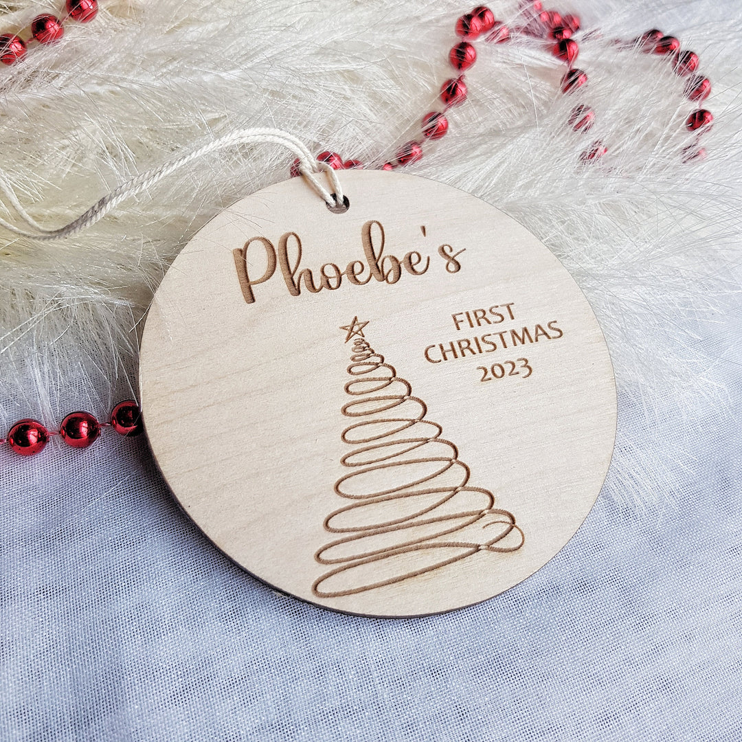 Personalised Baby's First Christmas Tree Bauble, Round Wooden Ornament with modern Christmas Tree design, Rustic Decoration, Custom Keepsake