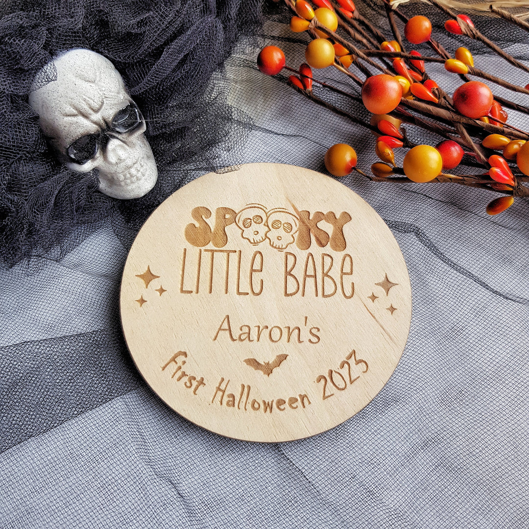 Personalised Wooden First Halloween Disc - Perfect Photo Prop for your Little One and more - Spooky Little Babe