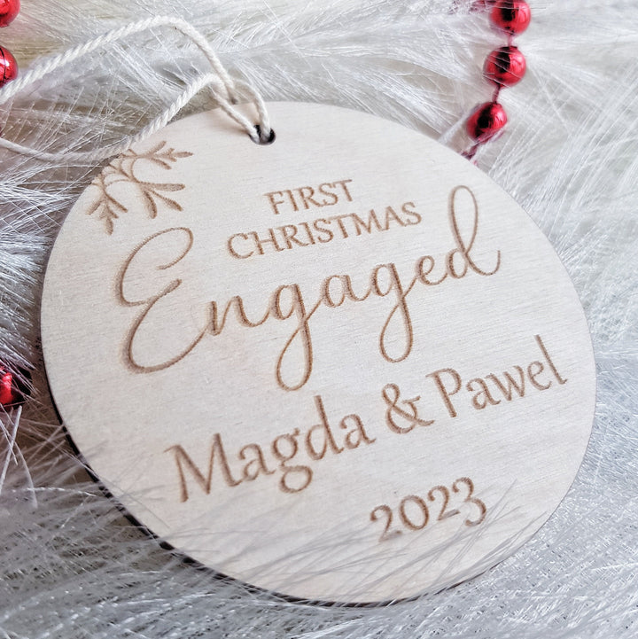 First Christmas Engaged Round Bauble - Personalised Wooden Keepsake, Rustic Tree Ornament, Festive Decoration