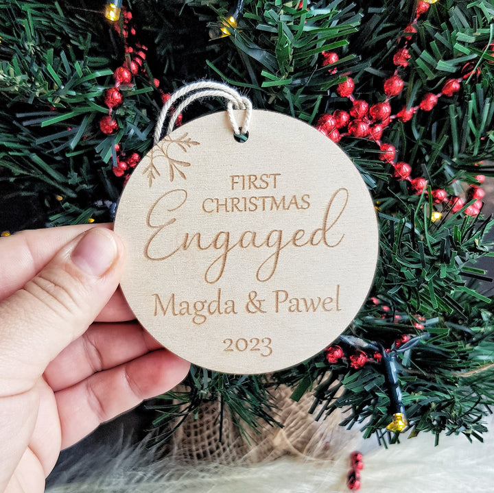 First Christmas Engaged Round Bauble - Personalised Wooden Keepsake, Rustic Tree Ornament, Festive Decoration