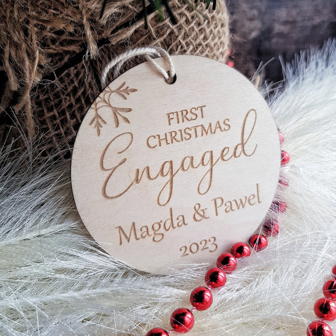 First Christmas Engaged Round Bauble - Personalised Wooden Keepsake, Rustic Tree Ornament, Festive Decoration