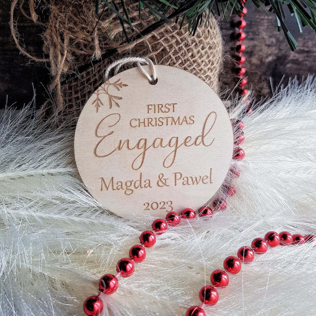 First Christmas Engaged Round Bauble - Personalised Wooden Keepsake, Rustic Tree Ornament, Festive Decoration