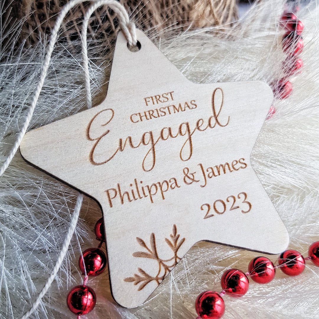 First Christmas Engaged Star Bauble - Personalised Wooden Keepsake, Rustic Tree Ornament, Festive Decoration