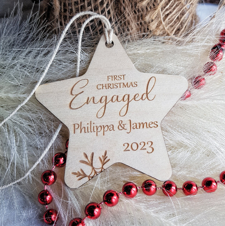 First Christmas Engaged Star Bauble - Personalised Wooden Keepsake, Rustic Tree Ornament, Festive Decoration