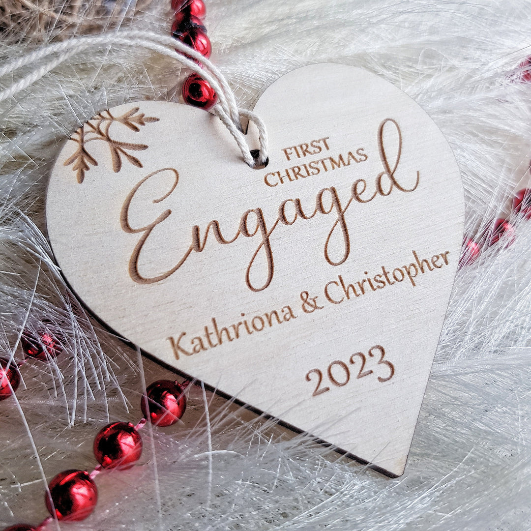 First Christmas Engaged Heart Bauble - Personalised Wooden Keepsake, Rustic Tree Ornament, Festive Decoration