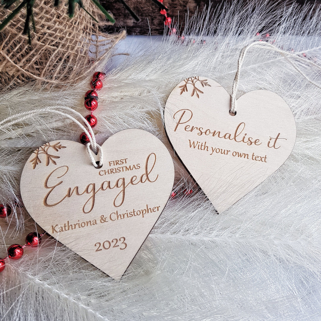 First Christmas Engaged Heart Bauble - Personalised Wooden Keepsake, Rustic Tree Ornament, Festive Decoration