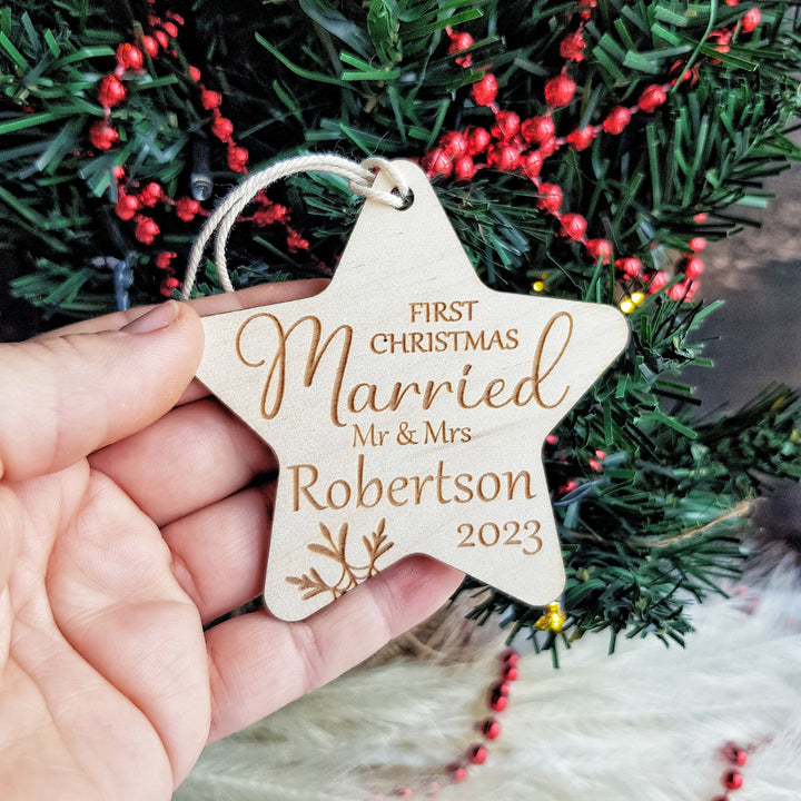 First Christmas Married Bauble - Rustic Wooden Keepsake, Christmas Tree Ornament, Festive Decoration